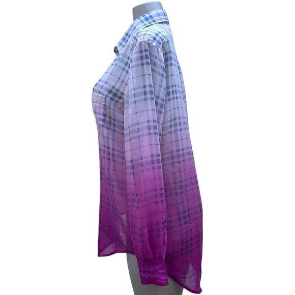 Two By Vince Camuto Shirt Blouse Womens S/M Pink Purple Plaid Ombre Button Front - Picture 8 of 13